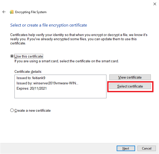 Select certificate